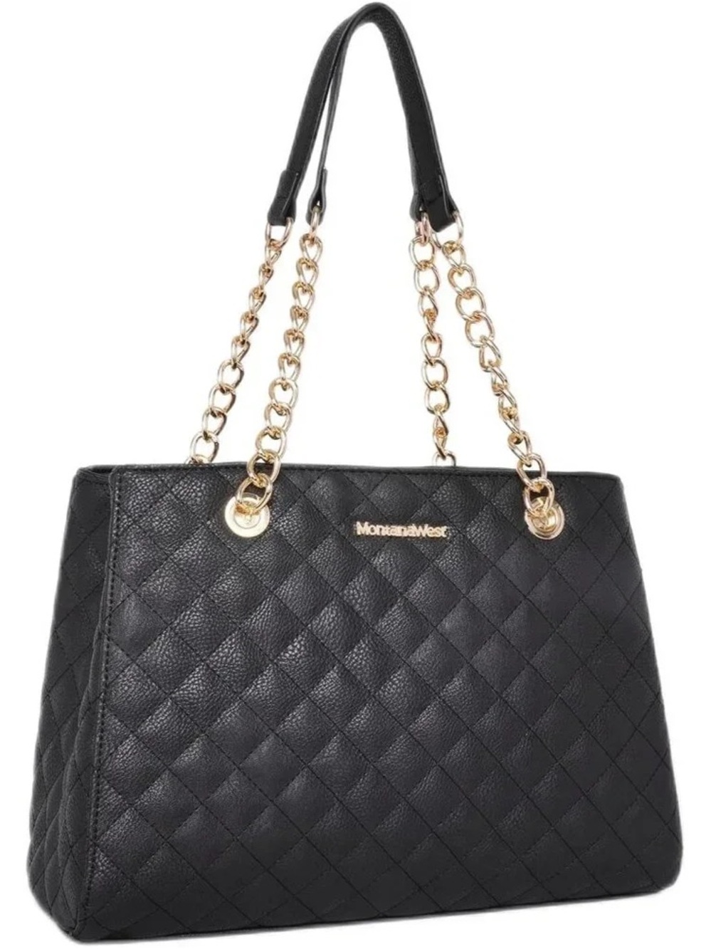Montana West Black Quilted Shoulder Bag with Gold Chain Handles